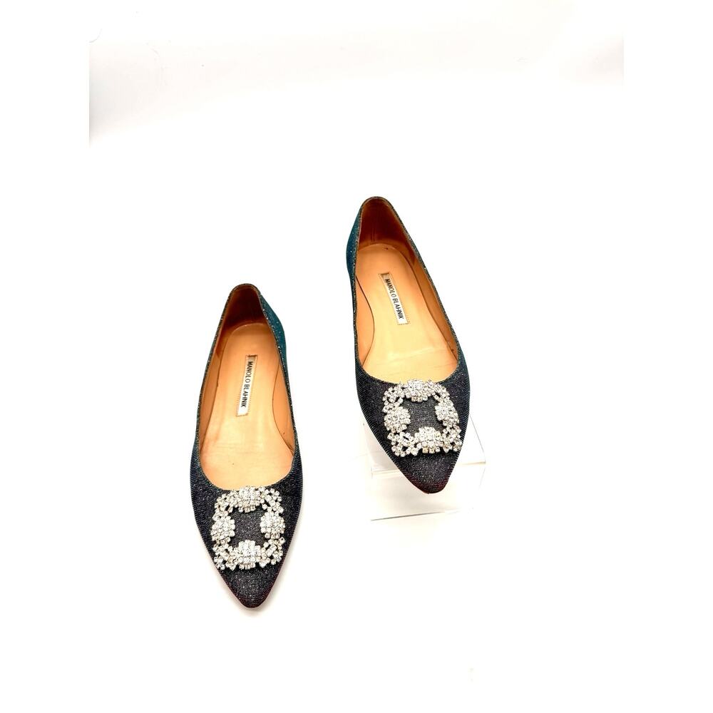 Manolo Blahnik Hangisi Iridescent Crystal Buckle Pointed Toe Flats EU 37.5
